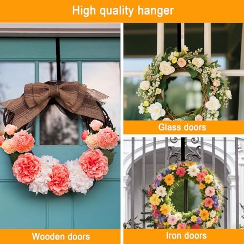 4 Pack Wreath Hangers for Front Door, Over The Door Wreath Hanger Holiday Decorations Wreath Hook for Hanging Christmas Easter Fall Decoration, Welcome Sign Holder Two Each of 12" and 15" (Black)