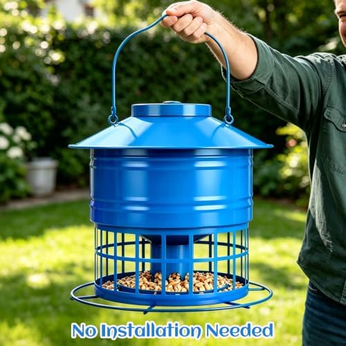 Bird Feeder for Outdoors, Squirrel Proof Bird Feeder for Outside 10LB Metal Caged Wild Bird Feeder with 32 Feeding Ports, Hanging Birdfeeder for Small Birds, Cardinals, Bluebirds, Finches (Blue)