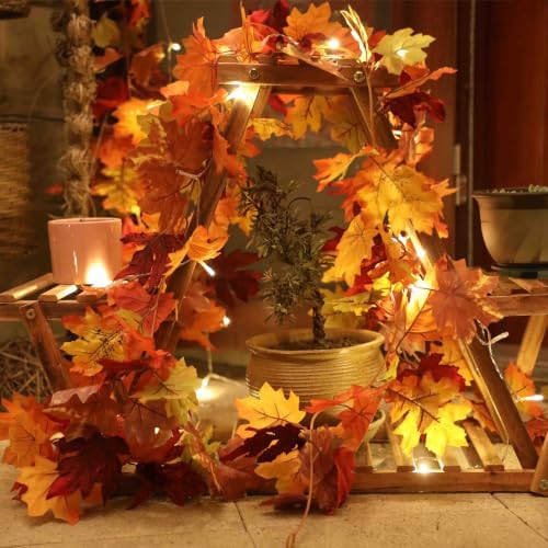 KASZOO 4 Pack Fall Maple Garland with 80 LED String Light- 5.8ft/Piece Artificial Fall Foliage Garland Autumn Decor for Home Wedding Party