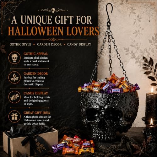 Halloween Trick Or Treat Skull Candy Bowl Hanging Gothic Skeleton Black Pot