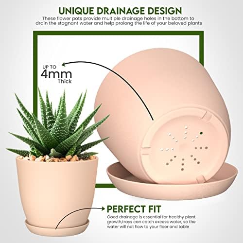 Plant Pots Indoor with Drainage, 5 Pack Multi-Size Planters Set, Pink