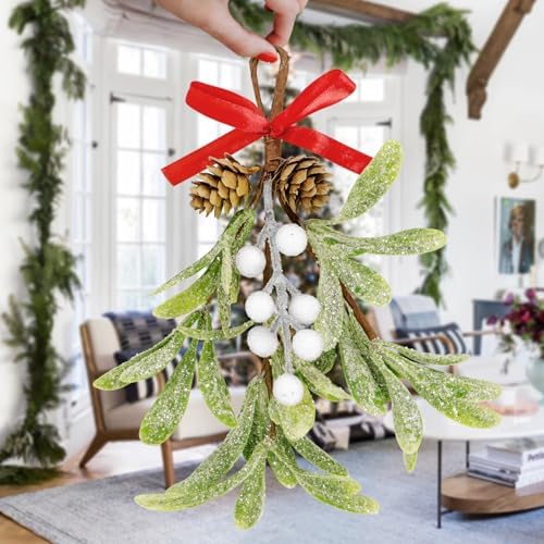 Christmas Mistletoe Decorations Frosted Artificial Mistletoe Ornaments with Bows Berries Pine Cones Snowy Fake Hanging Kissing Plant Stems for Xmas Tree Picks Doorway Holiday Decor (2, White)