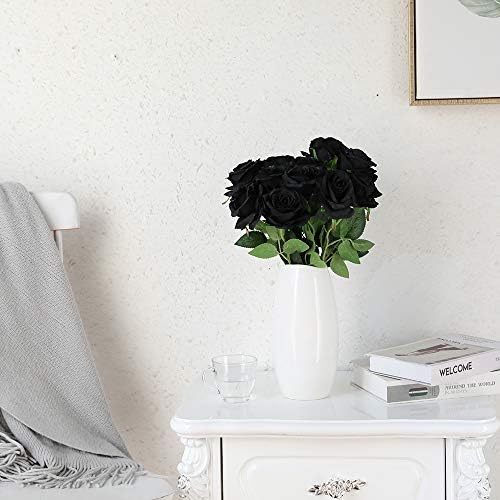 10pcs Black Roses Artificial Flowers, Realistic Faux Rose with Long Stem