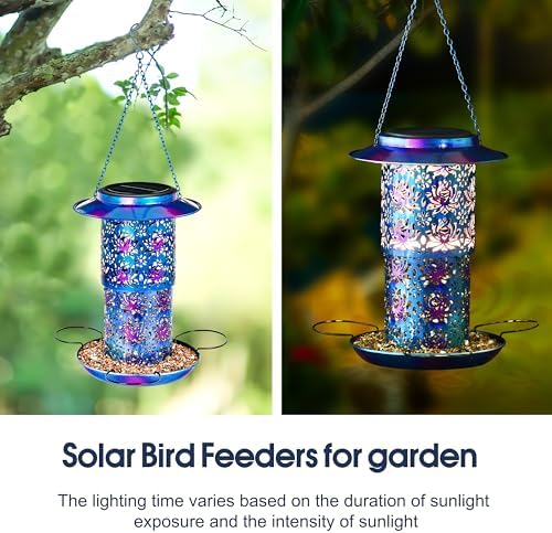 Ottsuls Solar Bird Feeder for Outdoors Hanging, Metal Wild Cardinals Garden Lantern Weatherproof, Decro Solar Birdfeeders as Gift Idea for Women Mom Grandma Bird Lovers (Update Version Blue)