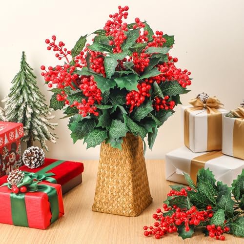Ceenna 12 Pcs Christmas Artificial Poinsettia Flowers, Berry Stems, Holly
