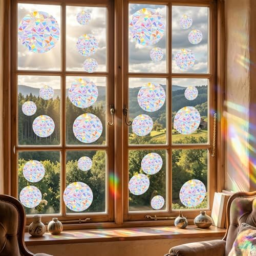 65Pcs Circle Window Stickers Non Adhesive Window Decals to Prevent Bird Strikes Vinyl Reusable Prism Rainbow Windows Clings for Birds Sun Catcher Sticker