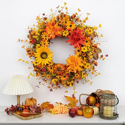JINGHONG Artificial Fall Wreath 22 Inch Fall Wreaths for Front Door Autumn Flower Wreath with Sunflower Daisy Dahlia Pumpkin for Indoor Outdoor Window Wall Porch Harvest and Thanksgiving Celebration