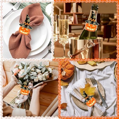 Legigo Set of 6 Halloween Napkin Rings for Dinning Table Settings- Horror Scary Orange Pumpkin Black Witch Hat Napkin Holder Ring for Holiday Party Kitchen Dinner Table Decarations