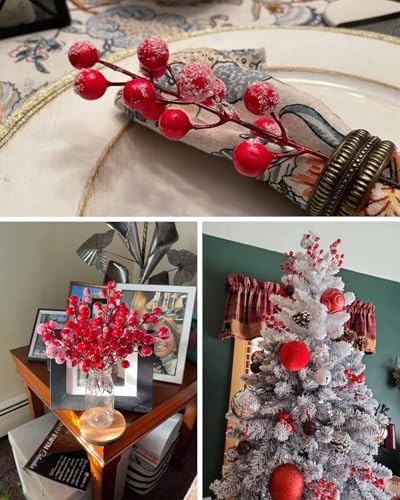 Feitore 30 Pack Snow Frosted Red Berry Stems 8.9" Holly Frosted Berry Picks Snowy Artificial Red Berries for Christmas Tree Filler Picks and Sprays Holiday DIY Crafts Christmas Decor