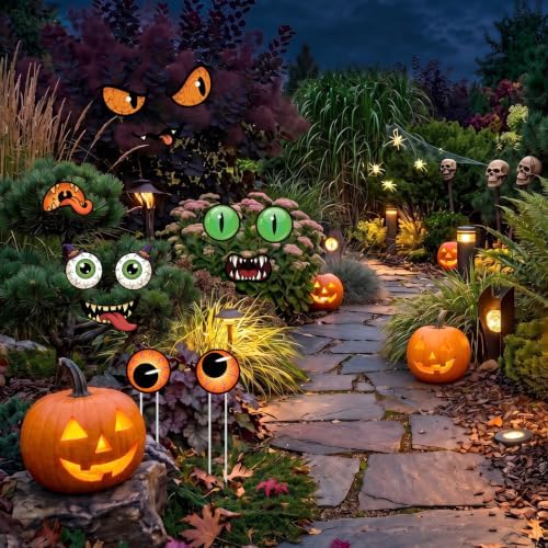 Junkin 12 Pcs Big Halloween Bush Eyes and Mouths, 4 Styles Yard Decorations