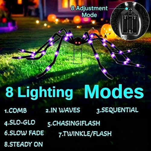 6.6 FT(Wide) Halloween Giant Spider with 9'' Metal Stand, 38 LED Lights, 8 Modes Light-Up Large Spiders Outdoor Decorations, Spooky Props for Yard, Lawn, Porch, Haunted House Décor