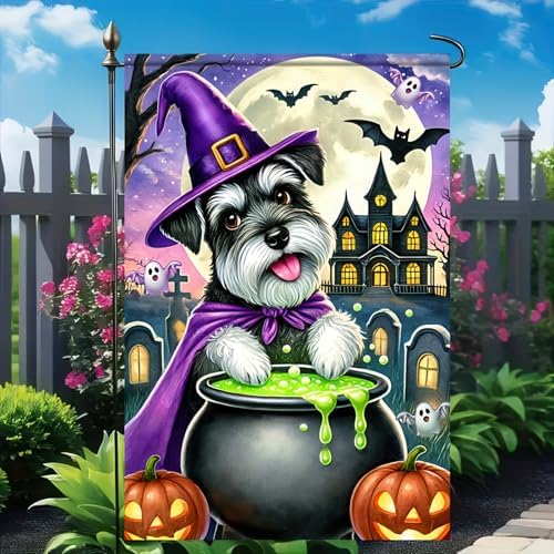 BlissYard Halloween Schnauzer Witch Garden Flag 12x18 Inch Polyester