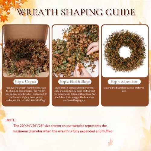 26 Inch Fall Wreath for Front Door, Artificial Boxwood Thanksgiving Decor