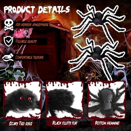 Giant Spider 2.95 Ft, 2 Packs Halloween Decorations Fake Halloween Decor Spiders Large, Furry Spiders for Outdoor Indoor Yard Home Costumes Party Home Décor
