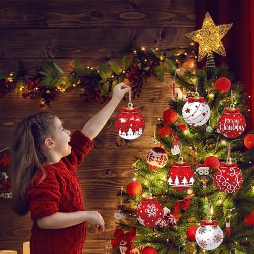 12Pcs Red and White Christmas Tree Decorations with Flat Ball Designs
