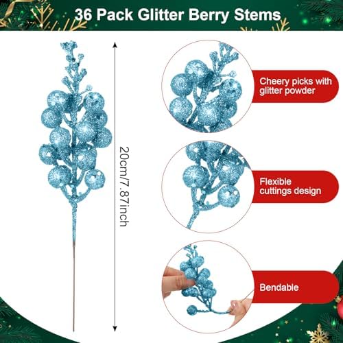 Geosar 36 Pcs Christmas Glittered Berries Stems, Light Blue