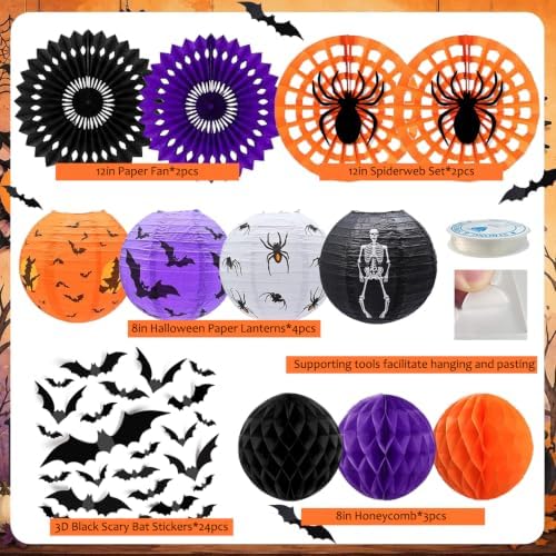 Halloween Party Decorations, Orange Black Purple Crepe Paper Streamers, Hanging Halloween Spider Web Paper Fans Lanterns Honeycomb Balls Party Décor for Home Haunted House Classroom Office Birthday