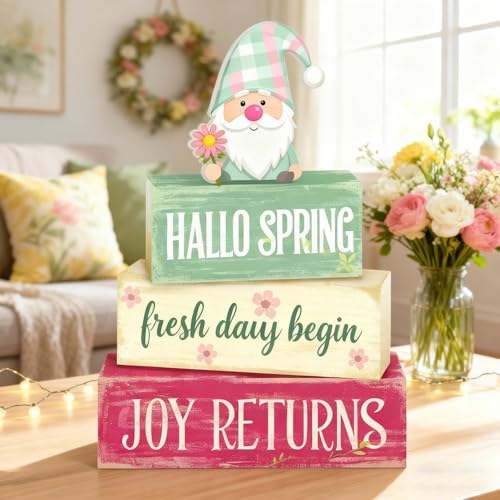 Spring Decoration Wooden Tiered Tray Decor – Rustic Hallo Spring Stacked Block Sign with Spring Gnome Topper – Farmhouse Tabletop Spring Decor for Living Room Shelf Kitchen Seasonal Home Display