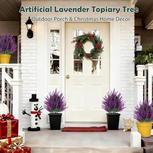 THKFUL 4 Pack Artificial Topiary Ball Trees Outdoor, UV Resistant Fall Faux Boxwood Shrubs with Ground Spikes, Small Fake Grass Bushes for Front Porch Planters, Garden & Indoor Autumn Decor