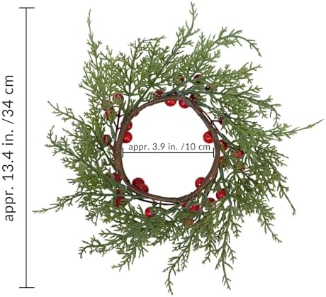 Winlyn 4 Pcs Artificial Cedar and Berry Candle Rings Christmas Candle Holder Wreath Rings Mini Wreaths Ornaments 13.4" Wide for Tabletop Decoration Winter Wedding Christmas Holiday Season