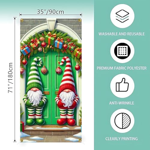 Twin Gnomes Red Green Striped Hats Christmas Door Cover 35x71in