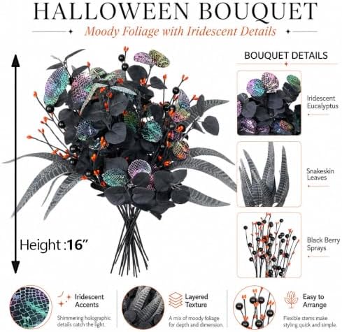 24 Pcs Black Artificial Halloween Floral Picks Gothic Bouquet Decor