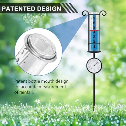 JMBay Rain Gauge Outdoor with Thermometer, Rain Gauges Outdoors Best Rated, Large Font Rain Measure Gauge for Yard, Rain Water Meter with Thickened Plastic Tube and Duralbe Metal Stake for Patio,Lawn