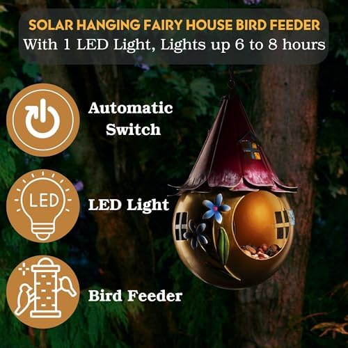 Muldale Solar Bird Feeder - Light Up Hanging Bird Feeders - Cute Fairy Design Rustproof Metal - Outside Unusual Metal Art with LED Light - Gift Boxed