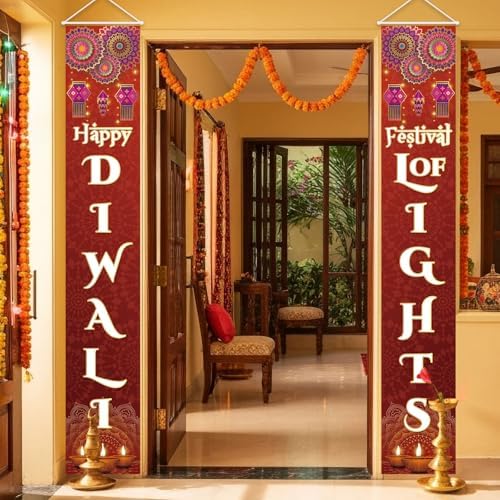 Diwali Porch Banner Sign Happy Diwali Door Decorations Indian Festival of Lights Hanging Banner for Indoor Outdoor, 12 X 71 Inch