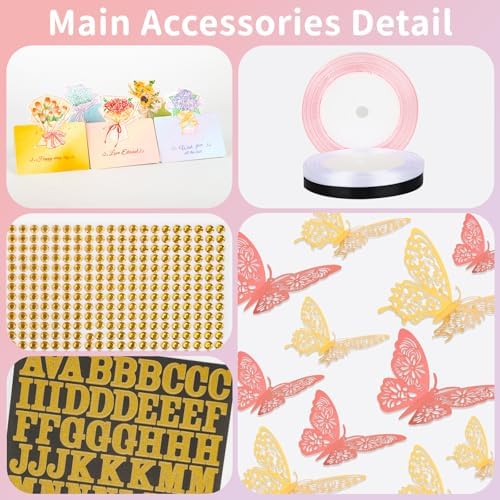 52Pcs Flower Bouquet Wrapping Paper Accessories Kit, 20 Sheets Pink Waterproof Floral Wrapping Paper, 12 Gold 12 Pink Butterflies, 5 Cards, 1 Ribbon, 1 Letter 1 Rhinestone Sticker (Gold Edge)