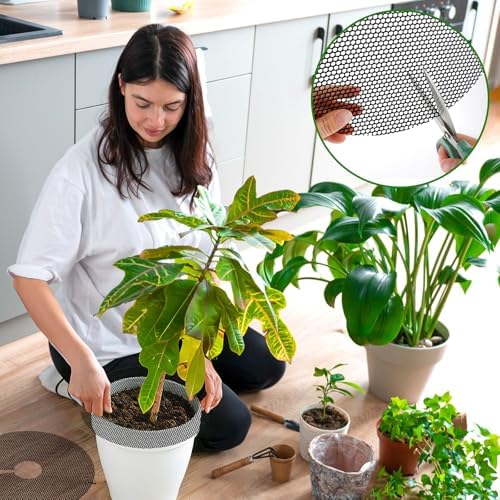 6 Pack Plant Pot Grids, 11.8" Trim-to-Fit Plant Pot Soil Covers Protectors from Animals, Indoor Outdoor Plant Protection with Metal Stakes, Black