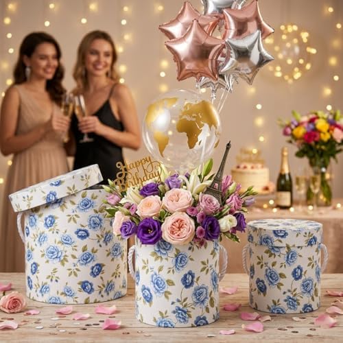Hollyone White and Blue Gift Box with Lids Set of 3 Round Nesting Gift Boxes for Presents 3 Assorted Sizes Flowers Arrangements Garden Box for Gift Giving Thanksgiving Mom Gifts Present Wrapping