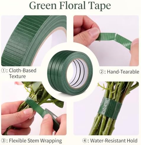 Prudiut 4 Roll Green Floral Tape Waterproof Florist Tape, 1/2" Wide Flower Wrap Tape Floral Tape Bulk for Fresh Flower Bouquet Wrap Flower Arrangements Crafts (98Ft/30Yd)