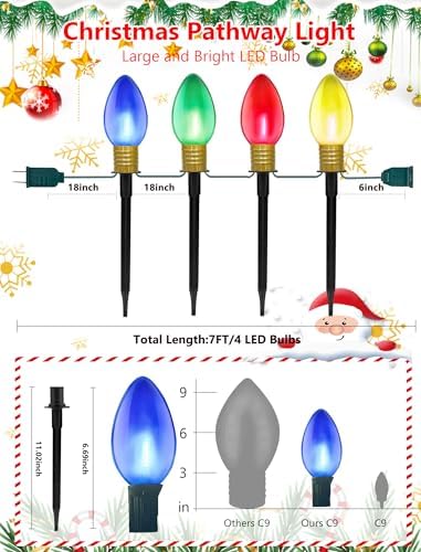 7Ft Jumbo C9 Christmas Pathway Lights Outdoor, Xmas Decorations Stakes