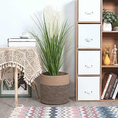 MINTWOOD Design 11 x 11 Inches Cotton Rope Basket for Flower Pot and Indoor Floor Planters, Decorative Round Woven Plant Pot Basket, Planter Covers, Small Dog Toy Storage Baskets, Black