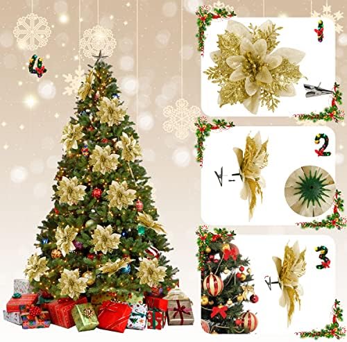 Childom 15 PCS Gold Poinsettia Flower Artificial Poinsettia With Clips Christmas Decor Glitter Poinsettia Christmas Ornaments Christmas Tree Flower Decorations with Stems DIY Xmas Wreath Holiday Party