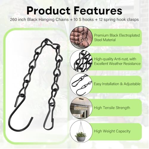 260inch Black Metal Hanging Chains with Hanging Basket Hooks Set