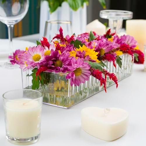 3 Pack Leak-Proof Wave Design Rectangular Flower Vases For Centerpieces - 24" Clear Flower Rectangle Vase as Floral Centerpieces for Tables, Long Flower Vase with 12 Holes as Flower Arrangement Holder