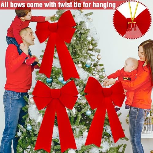 Heartome 4 PCS Red Bows Christmas Decorations, 12 x 18 Inches Outdoor Christmas Bows, Red Velvet PVC Hanging Large Xmas Decor Indoor Outdoor Velvet Xmas Party Supplies for Wreath Stairs