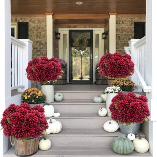 Fake Mums Flowers for Outdoors, 6 Pack 30 Heads Artificial Chrysanthemums Silk Fall Flower for Autumn Wedding Table Front Porch Halloween Diwali Cemetery Indoor Outside Decor (Burgundy)