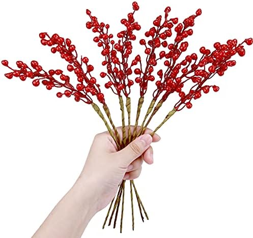 GREENTIME 16 Pack Artificial Red Berry Stems for Christmas Tree Decorations