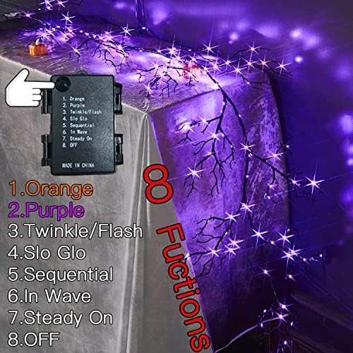 Fudios Lighted Halloween Garland with 120 Orange and Purple LED Fairy Lights for Mantle, Halloween Black Garland with Lights 8 Functios Battery Operated 6FT Indoor Outdoor Home Wall Decoration