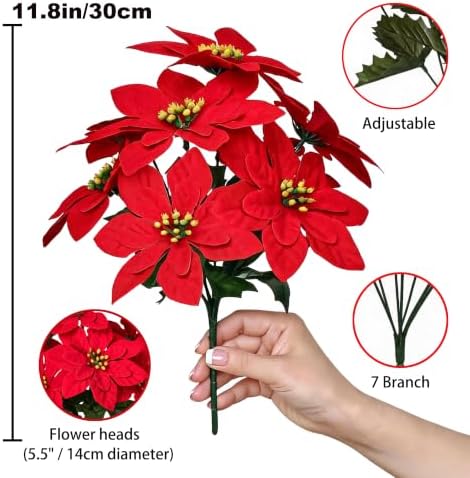 4 Pack Artificial Poinsettia Flowers, Large Red Velvet Poinsettia Bush Stems 11.8 Inch with 7 Flower Heads, Faux Xmas Flowers Picks with Green Leaves for Christmas Tree, Wreath, Garland, Vase Décor