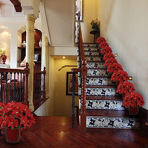 Sggvecsy Artificial Poinsettia Bouquet 5 Heads 5 Pack 15’’ Velvet Poinsettia Bush Christmas Flowers for Porch Home Garden Indoor Outdoor Xmas Decorations (Red)