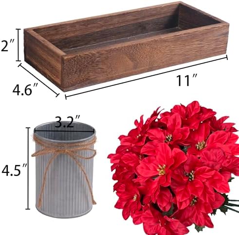 Poinsettia Flowers Artificial Christmas Decorations – 3 Pack Red Poinsettias in Galvanized Metal Pots with Wooden Box, Christmas Centerpiece Table Decorations for Home, Gifts & Office Party