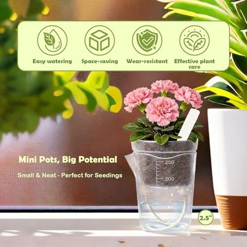 16 Pack 2.5" Clear Self Watering Pots for Indoor Plants, Mini Clear Plastic Planters, with 16 Plant Label and Water Level and Drainage Holes for Seedlings, Cuttings, Succulents (Large)