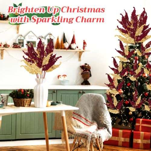 HyDren 10 Pcs Christmas Glitter Leaves Ornaments, Burgundy and Gold