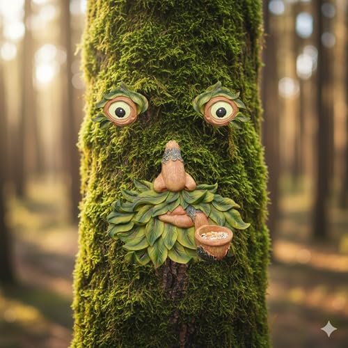 Tree Faces Decor Outdoor with Bird Feeder, Whimsical Tree Art - 8 Inch