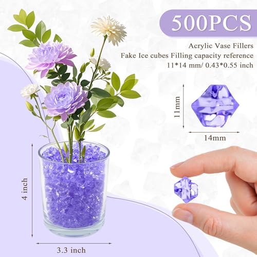 YATOJUZI 500pcs Fake Ice Cubes Violet Acrylic Crushed Rocks Purple Vase Fillers Plastic Diamonds Gems for DIY Party Wedding Centerpiece Table Scatter Prop Display 0.5" (Only Violet)