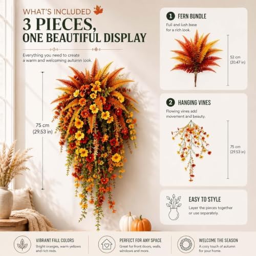 Artificial Fall Harvest Hanging Basket with Hanging Flowers (3PCS)